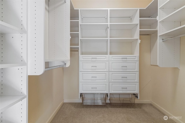 walk in closet featuring light carpet