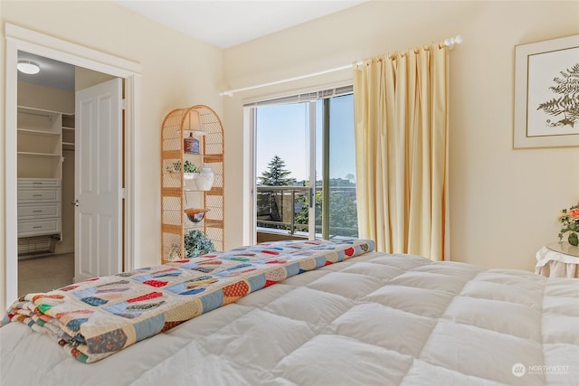 carpeted bedroom with a walk in closet