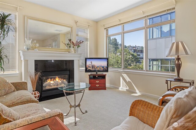 living room featuring a fireplace and carpet flooring