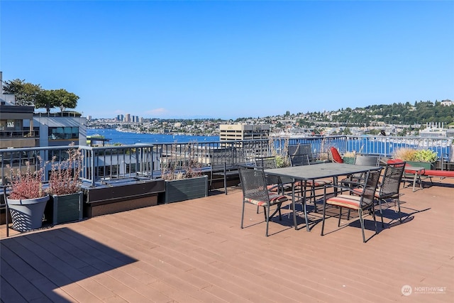 deck featuring a water view