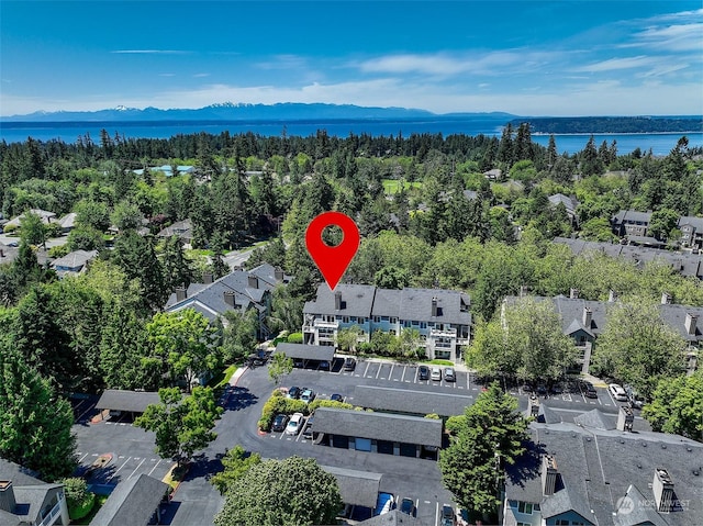 birds eye view of property featuring a water and mountain view