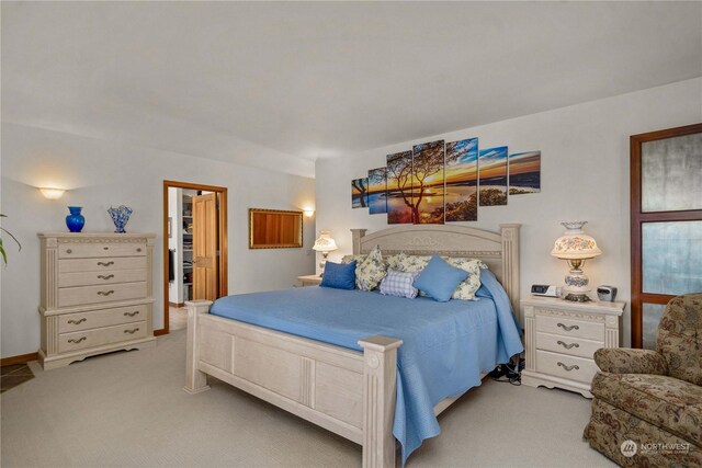 carpeted bedroom with a walk in closet and a closet