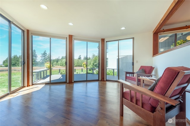 living area with hardwood / wood-style flooring, floor to ceiling windows, and a wealth of natural light