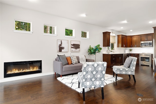 living room with dark hardwood / wood-style floors and sink