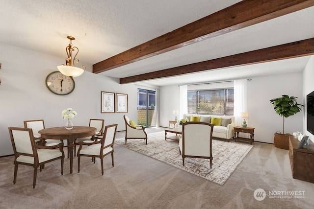 carpeted dining area with beam ceiling and a textured ceiling