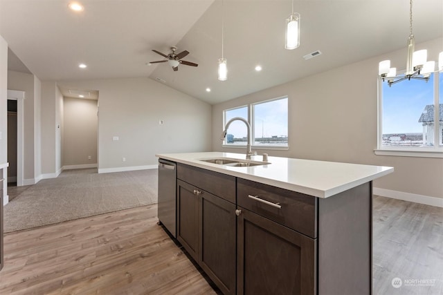 kitchen with sink, dishwasher, light hardwood / wood-style floors, lofted ceiling, and an island with sink