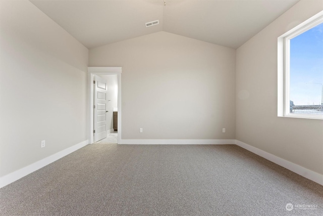 carpeted spare room featuring vaulted ceiling and a healthy amount of sunlight