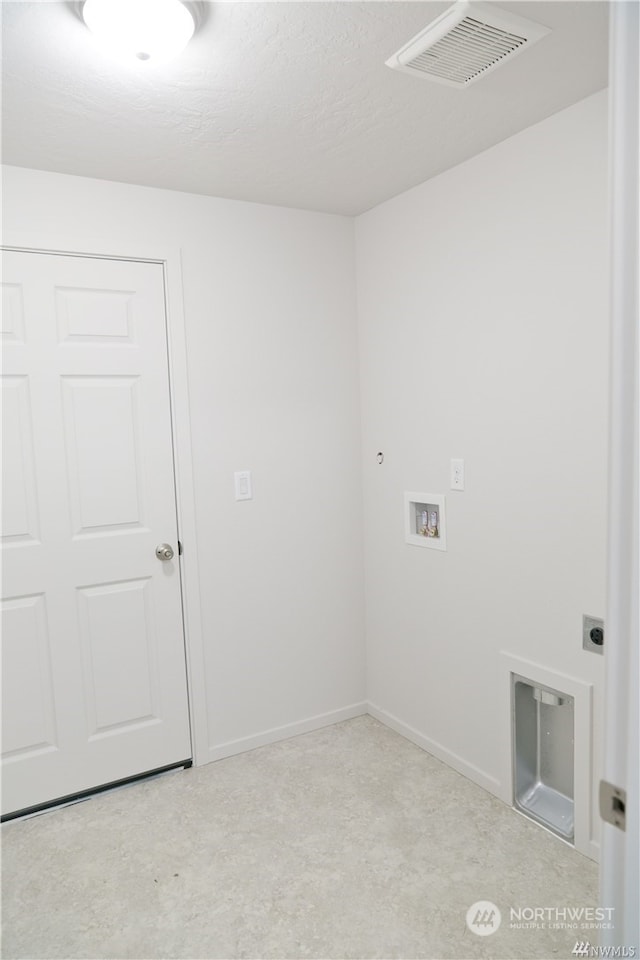 laundry area featuring hookup for an electric dryer, laundry area, washer hookup, visible vents, and baseboards