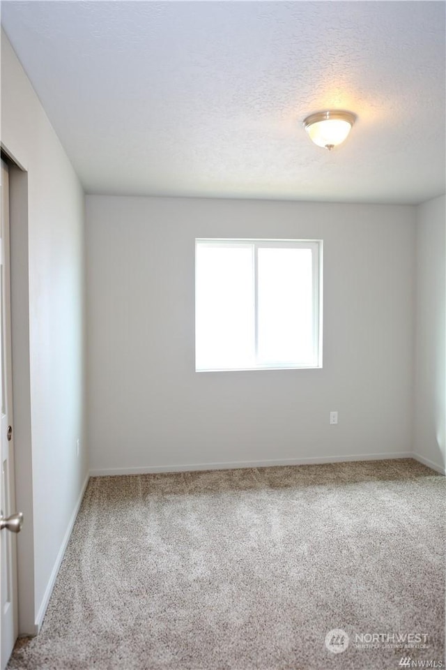 spare room featuring a textured ceiling, carpet floors, and baseboards