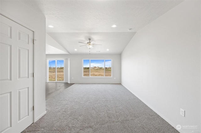 spare room featuring baseboards, ceiling fan, a textured ceiling, carpet flooring, and recessed lighting