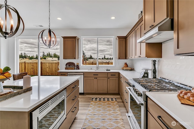 kitchen with a healthy amount of sunlight, pendant lighting, stainless steel appliances, and a chandelier