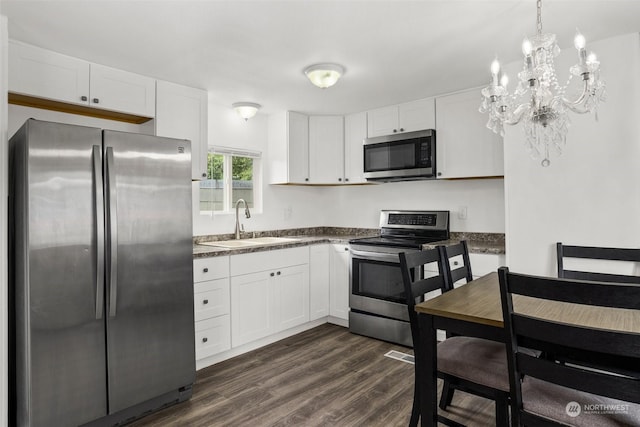 kitchen featuring sink, appliances with stainless steel finishes, hanging light fixtures, white cabinets, and dark hardwood / wood-style flooring