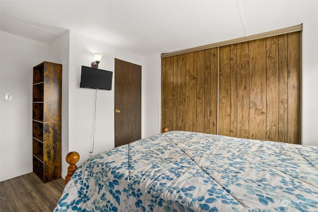 bedroom with dark hardwood / wood-style flooring and a closet