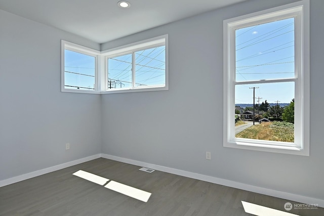 spare room featuring a healthy amount of sunlight and dark hardwood / wood-style floors