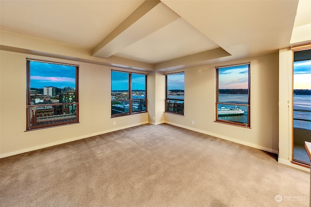 unfurnished room featuring a water view and light colored carpet