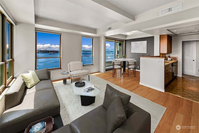 living room featuring a water view and light hardwood / wood-style flooring