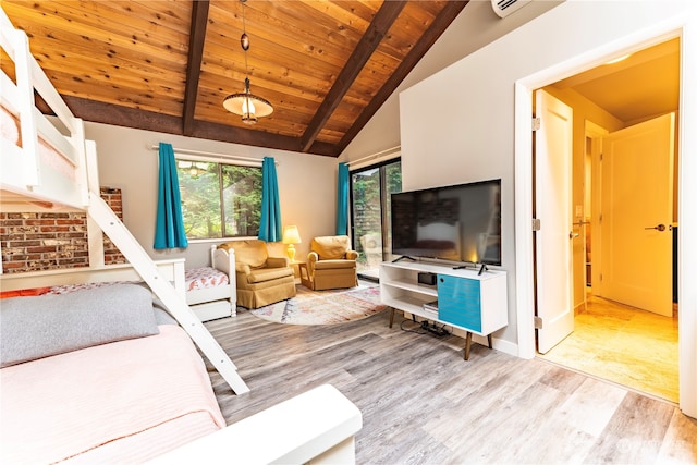 living room with lofted ceiling with beams, wooden ceiling, and light wood-type flooring