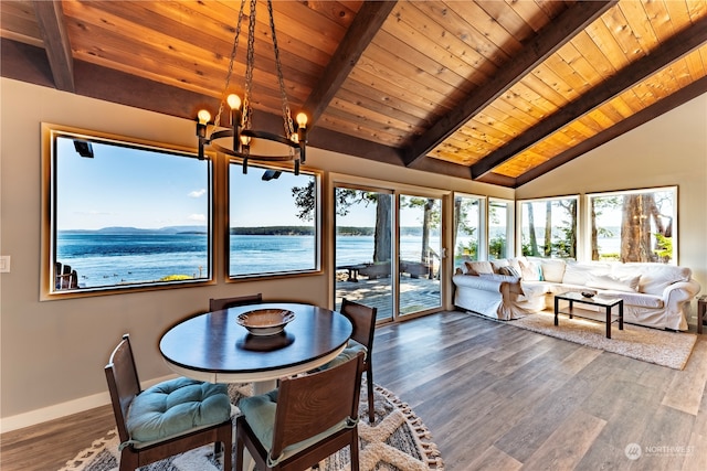 dining space featuring lofted ceiling with beams, dark hardwood / wood-style flooring, a notable chandelier, a water view, and wooden ceiling