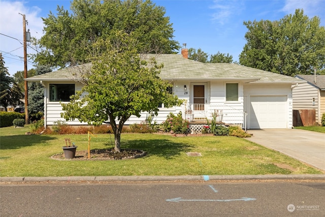 single story home featuring driveway, a shingled roof, an attached garage, a front yard, and a chimney