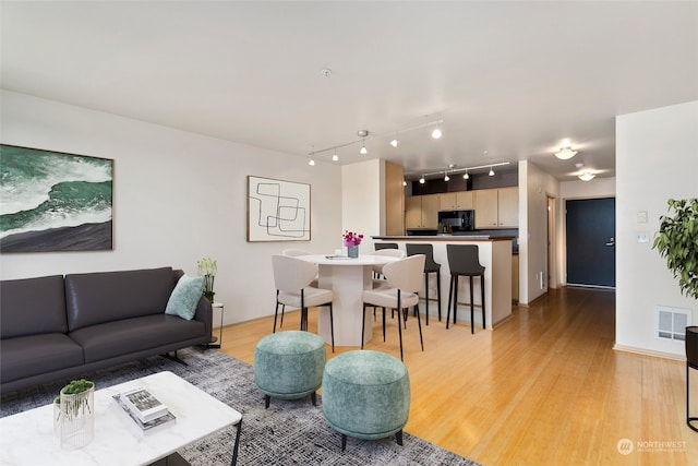 living room with light hardwood / wood-style floors and rail lighting