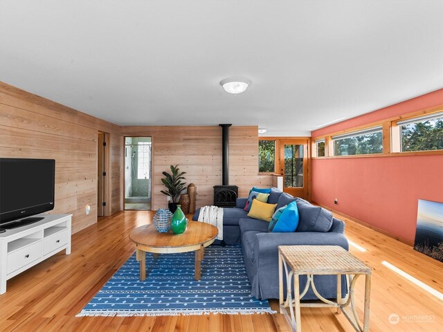 living room featuring a wood stove, light hardwood / wood-style floors, and a healthy amount of sunlight