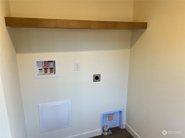 washroom with electric dryer hookup, hookup for a washing machine, and hardwood / wood-style flooring