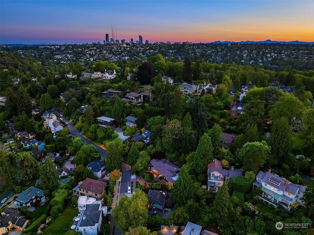 view of aerial view at dusk