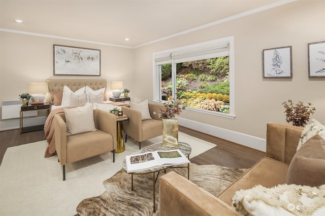 bedroom featuring dark wood-type flooring and ornamental molding