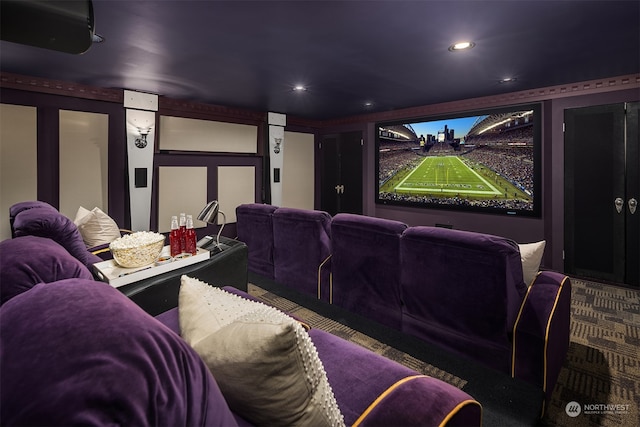 home theater with carpet flooring