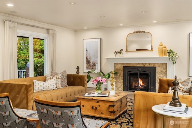 living area with crown molding