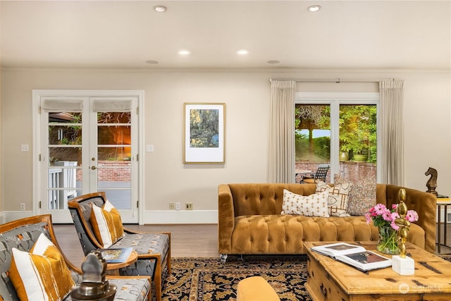 living room with wood-type flooring, ornamental molding, and french doors