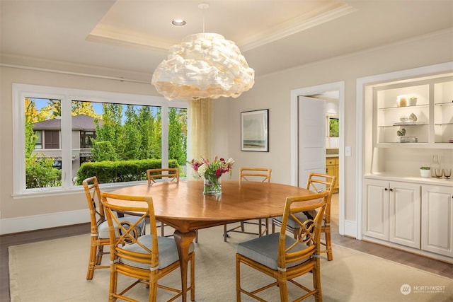 dining space featuring crown molding, a wealth of natural light, and a tray ceiling