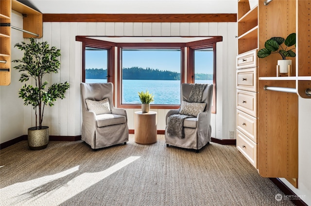 sitting room with a wealth of natural light, a water view, and carpet flooring