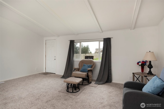 sitting room with vaulted ceiling with beams, carpet flooring, and baseboards