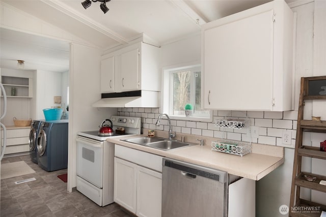 kitchen featuring separate washer and dryer, a sink, white cabinetry, stainless steel dishwasher, and white electric range oven