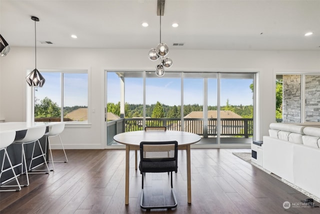 dining room featuring dark wood-type flooring and a healthy amount of sunlight