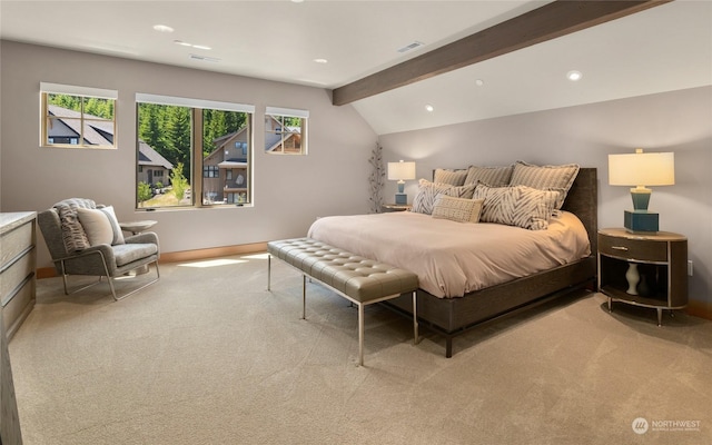 bedroom featuring light carpet, multiple windows, and vaulted ceiling with beams