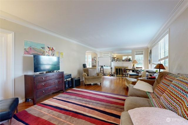 living area featuring wood finished floors and crown molding