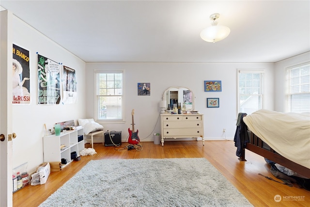 bedroom featuring multiple windows and wood finished floors