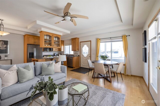 living room with a raised ceiling, light hardwood / wood-style flooring, and ceiling fan