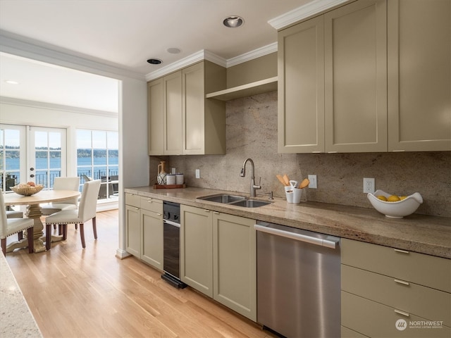 kitchen featuring tasteful backsplash, sink, a water view, light wood-type flooring, and dishwasher