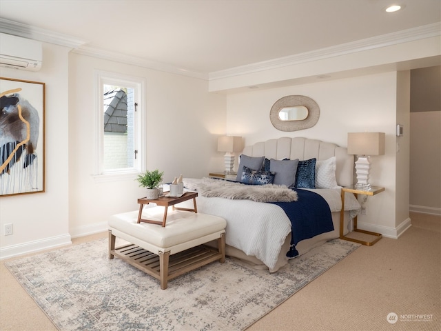 carpeted bedroom with an AC wall unit and crown molding