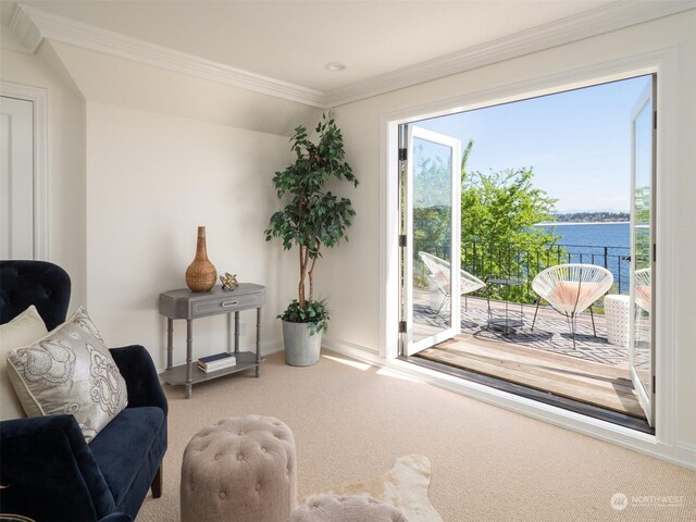 carpeted living room with a water view and ornamental molding