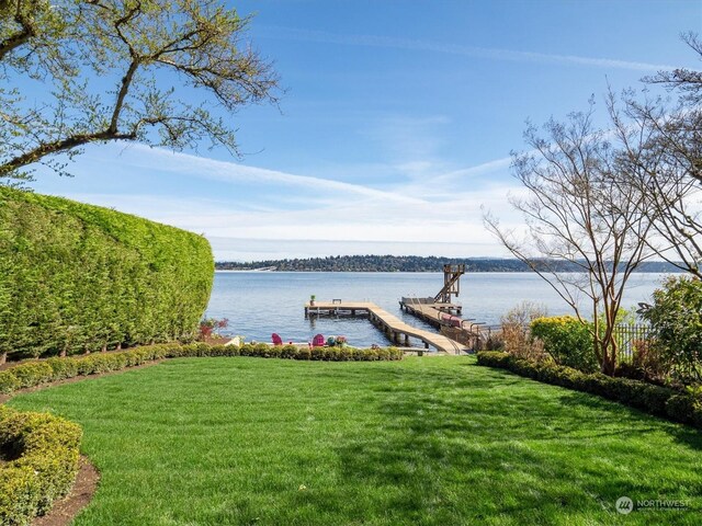 exterior space featuring a water view and a yard