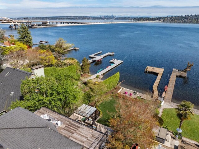 drone / aerial view with a water view