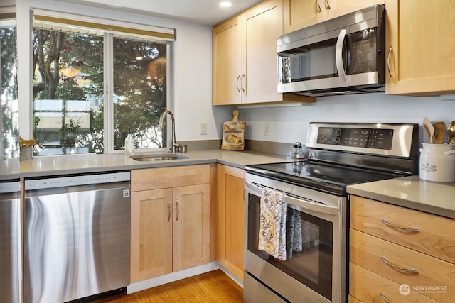 kitchen featuring sink, light brown cabinets, a healthy amount of sunlight, and appliances with stainless steel finishes