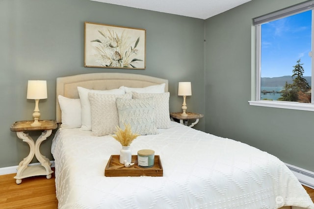 bedroom with a baseboard radiator and hardwood / wood-style floors