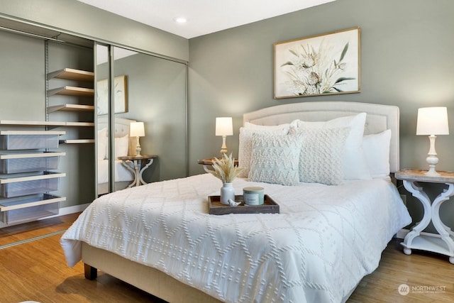 bedroom featuring wood-type flooring and a closet