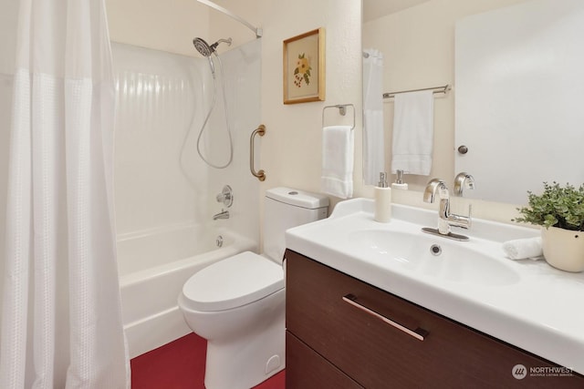 full bathroom with vanity, shower / bath combo with shower curtain, and toilet