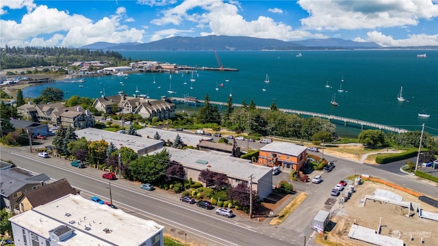 aerial view featuring a water and mountain view